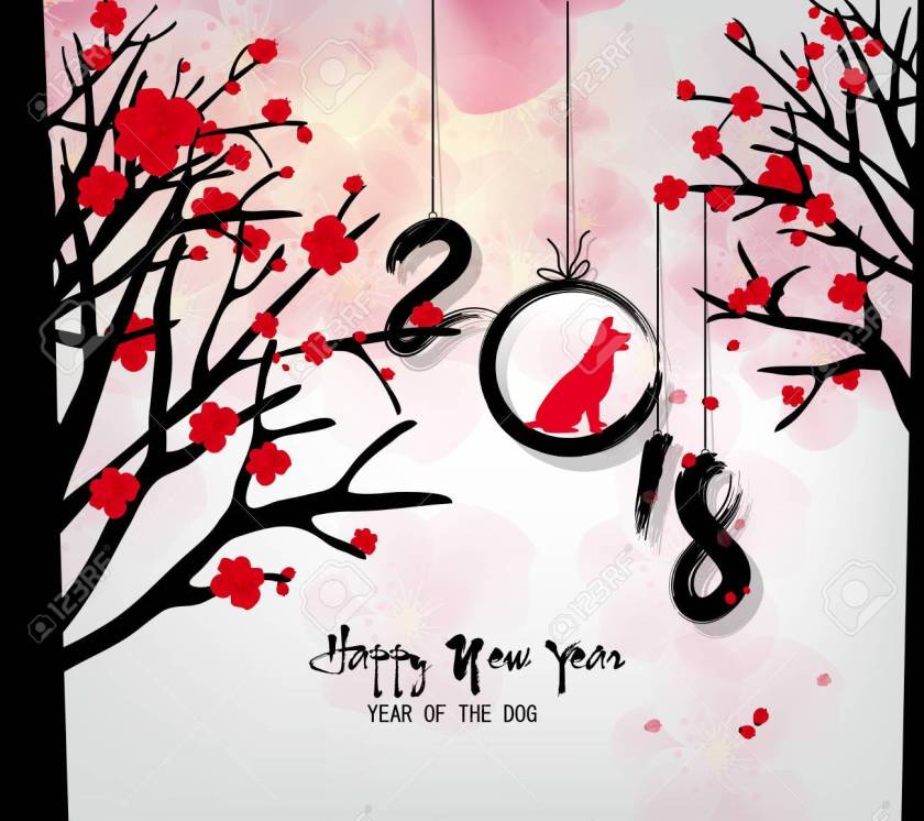 87874153-happy-new-year-2018-greeting-card-and-chinese-new-year-of-the-dog-cherry-blossom-background-